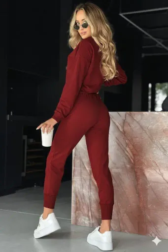 Kadın Uzun Kollu V Yakalı Viskon Iki Iplik Bluz Ve Pantolon Ikili Takım - 2XL-3XL - Kırmızı