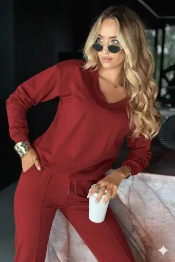 Kadın Uzun Kollu V Yakalı Viskon Iki Iplik Bluz Ve Pantolon Ikili Takım - 2XL-3XL - Kırmızı