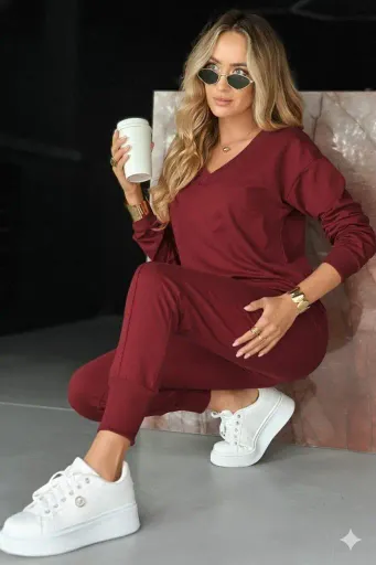 Kadın Uzun Kollu V Yakalı Viskon Iki Iplik Bluz Ve Pantolon Ikili Takım - 2XL-3XL - Kırmızı