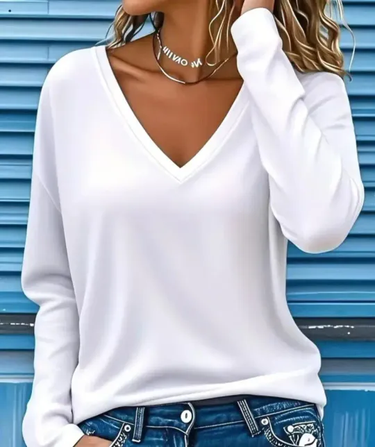 Kadın Uzun Kollu V Yakalı Viskon Modal Bluz - L-XL - Beyaz