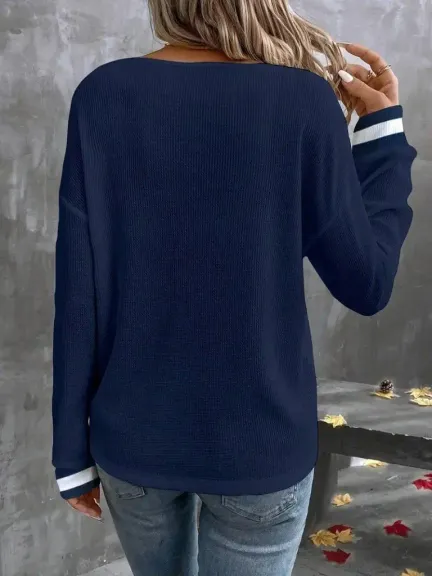 Kadın Uzun Kollu V Yakalı Waffle Bluz - 2XL-3XL - Lacivert