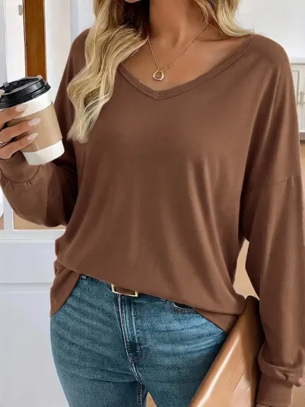 Kadın Uzun Kollu V Yarasa Kollu Sırttan Bağcıklı Viskon Bluz - 2XL-3XL - Kahve