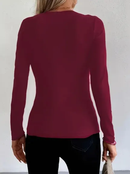 Kadın Uzun Kollu Yakadan Halka Detaylı Viskon Bluz - 2XL-3XL - Bordo