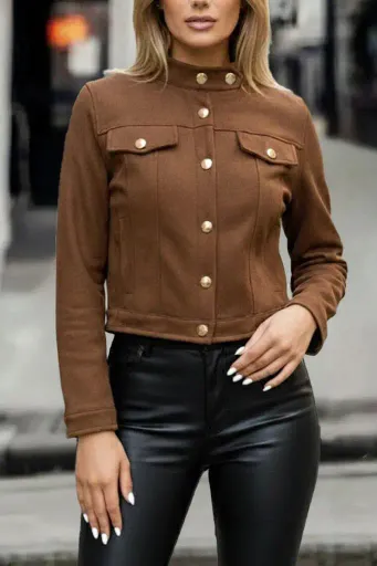 Kadın Uzun Kollu Yakadan Ve önden Düğmeli Süet Kısa Ceket - 2XL-3XL - Kahve