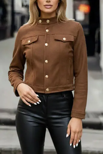 Kadın Uzun Kollu Yakadan Ve önden Düğmeli Süet Kısa Ceket - 2XL-3XL - Kahve