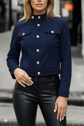 Kadın Uzun Kollu Yakadan Ve önden Düğmeli Süet Kısa Ceket - 2XL-3XL - Lacivert