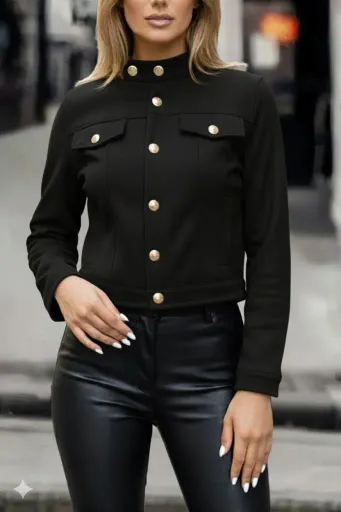 Kadın Uzun Kollu Yakadan Ve önden Düğmeli Süet Kısa Ceket - 2XL-3XL - Siyah