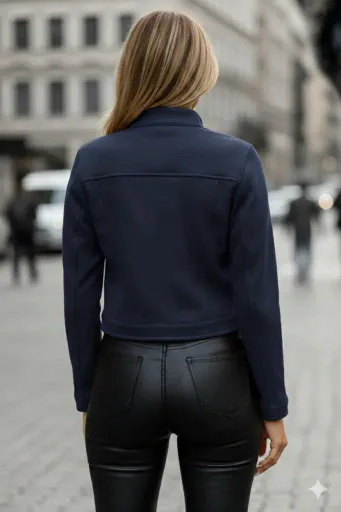 Kadın Uzun Kollu Yakadan Ve önden Düğmeli Süet Kısa Ceket - L-XL - Lacivert