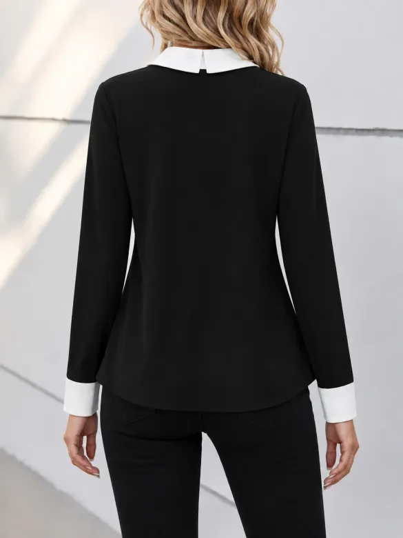 Kadın Uzun Kollu Yakalı Düğmeli Ithal Krep Bluz - L-XL - Siyah