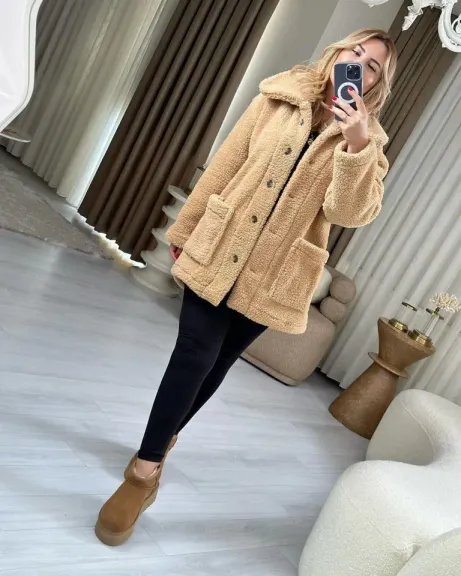Kadın Uzun Kollu Yakalı önden Düğmeli Bal Köpüğü Welsoft Kaban - L-XL - Kahve