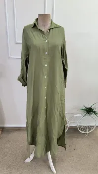 Kadın Uzun Kollu Yakalı önden Düğmeli Geniş Kesim Detaylı Uzun Elbise