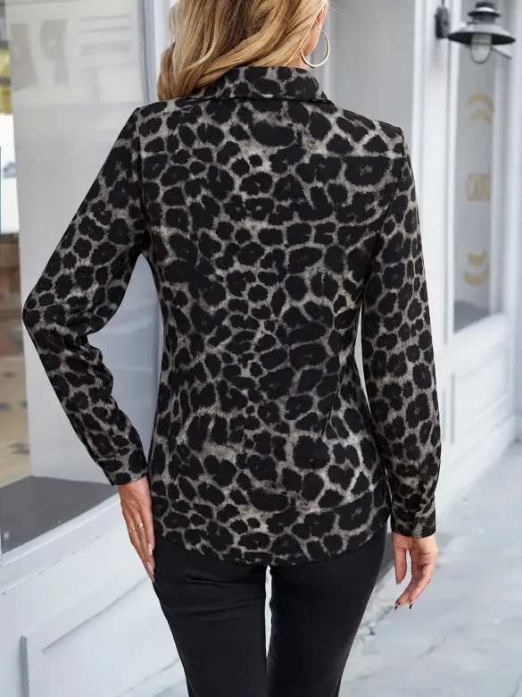 Kadın Uzun Kollu Yakalı önden Düğmeli Leopar Desenli Modal Gömlek Bluz - L-XL - Siyah