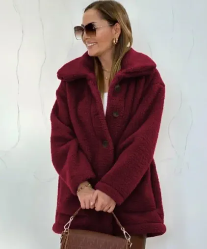 Kadın Uzun Kollu Yakalı önden Düğmeli Welsoft Kaban - 2XL-3XL - Bordo