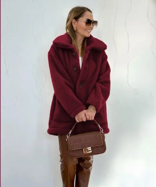 Kadın Uzun Kollu Yakalı önden Düğmeli Welsoft Kaban - 2XL-3XL - Bordo