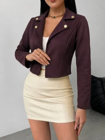 Kadın Uzun Kollu Yakalı önu Açık Düğme Detaylı Kısa Süet Ceket - L-XL - Bordo