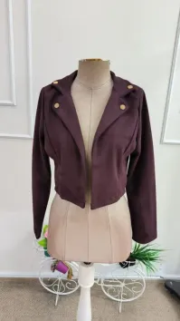 Kadın Uzun Kollu Yakalı önu Açık Düğme Detaylı Kısa Süet Ceket - L-XL - Bordo