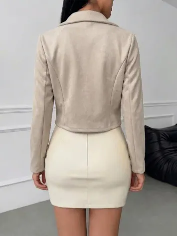 Kadın Uzun Kollu Yakalı önu Açık Düğme Detaylı Kısa Süet Ceket - L-XL - Bej