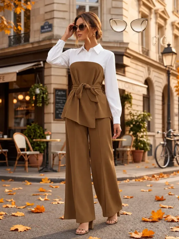 Kadın Uzun Kollu Yakalı üst Kısmı Trikoton Asimetrik Detaylı Belden Kuşaklı Ithal Krep Bluz Ve Yırtmaçlı Pantolon Ikili Takım - 2XL-3XL - Kahve