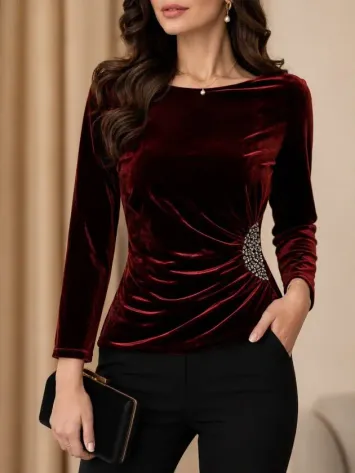 Kadın Uzun Kollu Yakası Açık Belden Taş Detaylı Kadife Bluz - L-XL - Bordo