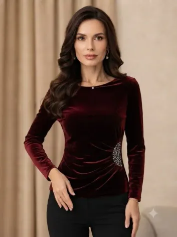Kadın Uzun Kollu Yakası Açık Belden Taş Detaylı Kadife Bluz - L-XL - Bordo