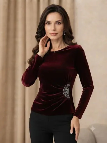 Kadın Uzun Kollu Yakası Açık Belden Taş Detaylı Kadife Bluz - L-XL - Bordo