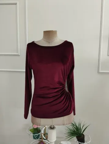 Kadın Uzun Kollu Yakası Açık Belden Taş Detaylı Kadife Bluz - L-XL - Bordo