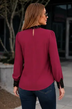 Kadın Uzun Kollu Yarı Balıkçı Yaka Dantel Detaylı Sandy Bluz - L-XL - Kırmızı