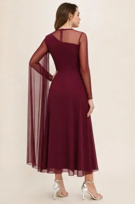 Kadın Uzun Kollu Yarı Balıkçı Yaka Tül Detaylı Uzun Sandy Elbise - L-XL - Bordo