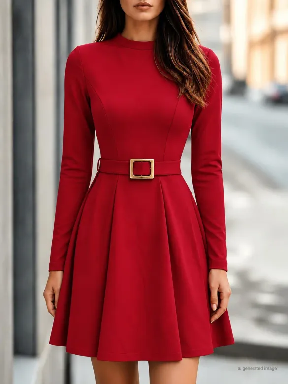 Kadın Uzun Kollu Yarı Balıkçı Yakalı Belinde Toka Detaylı Kısa Modal Elbise - 2XL-3XL - Kırmızı