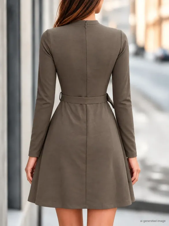 Kadın Uzun Kollu Yarı Balıkçı Yakalı Belinde Toka Detaylı Kısa Modal Elbise - 2XL-3XL - Sütlü Kahve