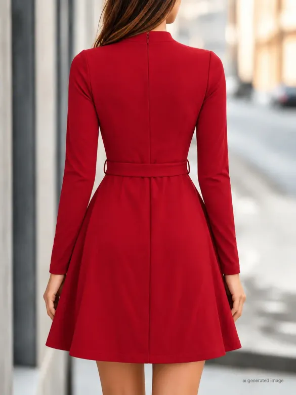 Kadın Uzun Kollu Yarı Balıkçı Yakalı Belinde Toka Detaylı Kısa Modal Elbise - L-XL - Kırmızı