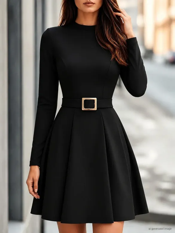 Kadın Uzun Kollu Yarı Balıkçı Yakalı Belinde Toka Detaylı Kısa Modal Elbise - 2XL-3XL - Siyah