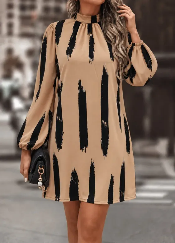 Kadın Uzun Kollu Yarı Balıkçı Yakalı Desenli Modal Kısa Elbise - L-XL - Desenli