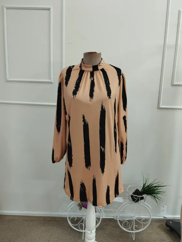Kadın Uzun Kollu Yarı Balıkçı Yakalı Desenli Modal Kısa Elbise - L-XL - Desenli
