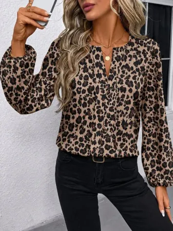 Kadın Uzun Kollu Yuvarlak V Yakalı Leopar Desenli Süprem Bluz - S-M - Leopar