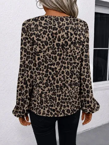 Kadın Uzun Kollu Yuvarlak V Yakalı Leopar Desenli Süprem Bluz - S-M - Leopar
