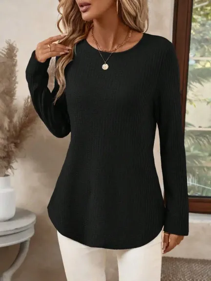 Kadın Uzun Kollu Yuvarlak Yaka Arkadan Düğmeli Waffle Bluz - 2XL - Siyah