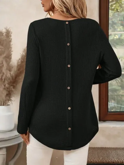 Kadın Uzun Kollu Yuvarlak Yaka Arkadan Düğmeli Waffle Bluz - 2XL - Siyah