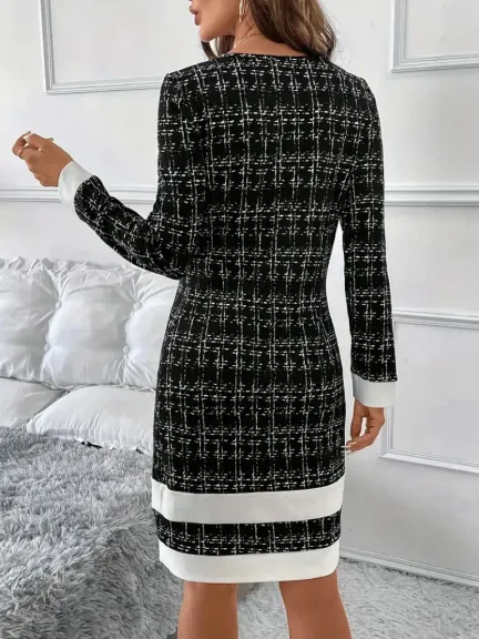 Kadın Uzun Kollu Yuvarlak Yaka Etek Ucu şerit Detaylı Kısa Dokuma Elbise - L-XL - Siyah