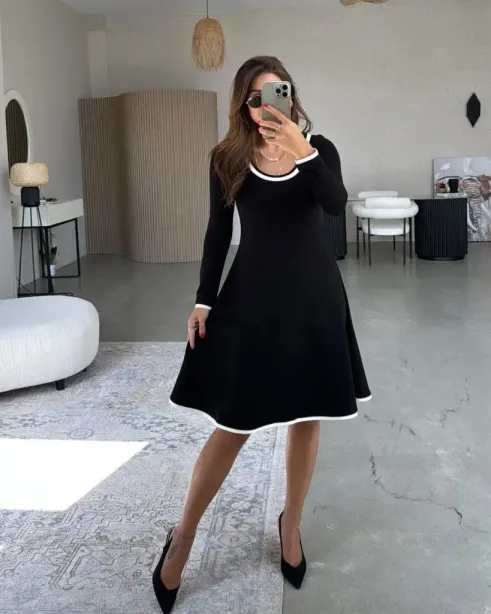 Kadın Uzun Kollu Yuvarlak Yaka Midi Viskon Iki Iplik Elbise - STANDART - Siyah