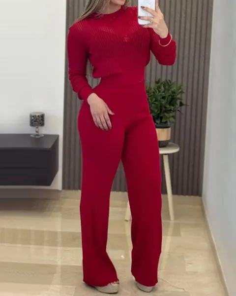 Kadın Uzun Kollu Yuvarlak Yaka Transparan Detaylı Triko Bluz Ve Pantolon Ikili Takım - STANDART - Kırmızı