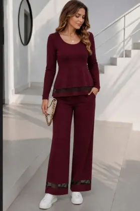 Kadın Uzun Kollu Yuvarlak Yakalı Tül Detaylı Ithal Krep Bluz Ve Pantolon Ikili Takım - 2XL-3XL - Bordo