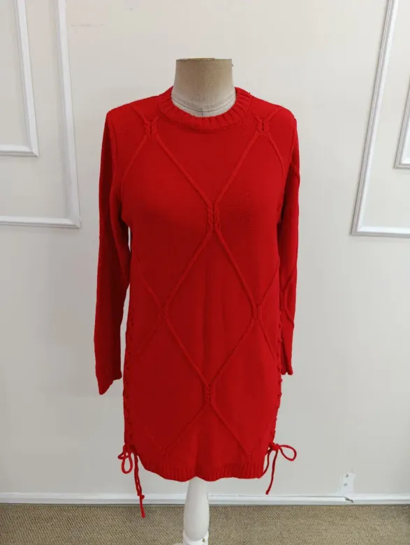 Kadın Uzun Kollu Yuvarlak Yakalı Yandan Bağcıklı Kısa Triko Elbise - 2XL-3XL - Kırmızı