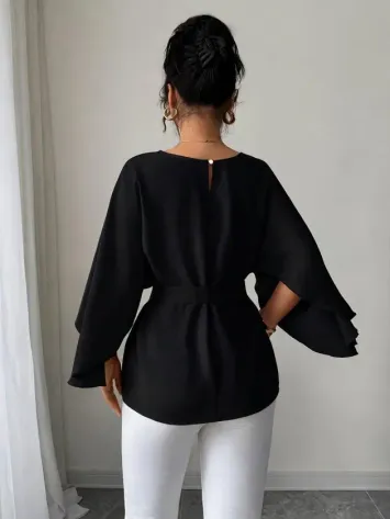 Kadın Uzun Kollu Yuvarlak Yakalı Yarasa Kollu Belden Kuşaklı Atlas Bluz - 2XL-3XL - Siyah