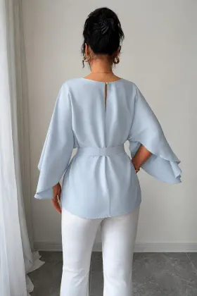 Kadın Uzun Kollu Yuvarlak Yakalı Yarasa Kollu Belden Kuşaklı Atlas Bluz - L-XL - Mavi