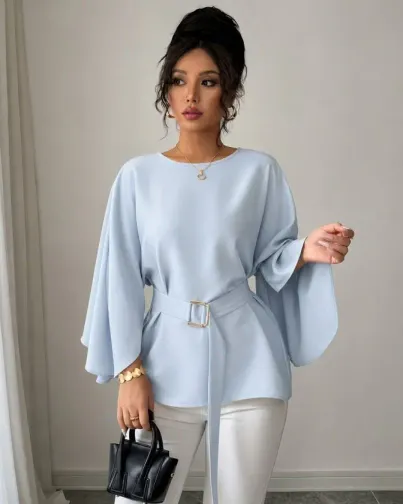 Kadın Uzun Kollu Yuvarlak Yakalı Yarasa Kollu Belden Kuşaklı Atlas Bluz - 2XL-3XL - Mavi