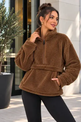 Kadın Yarım Fermuarlı Kanguru Cepli Peluş Wellsoft Sweatshirt - L - Acı Kahve