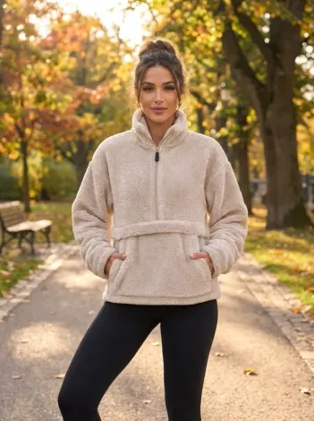 Kadın Yarım Fermuarlı Kanguru Cepli Peluş Wellsoft Sweatshirt - S - Bej