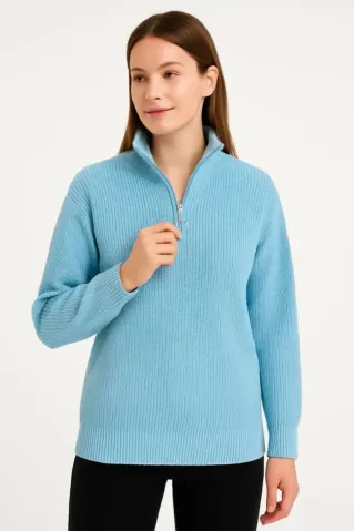 KADIN Yarım Fermuarlı Triko Kazak – Selanik Örgü, Dik Yaka, Pamuklu Dokuma, Oversize Uzun Kollu Kışlık Model - Bebe Mavisi - M - Mint Yeşili