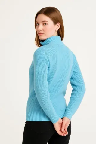 KADIN Yarım Fermuarlı Triko Kazak – Selanik Örgü, Dik Yaka, Pamuklu Dokuma, Oversize Uzun Kollu Kışlık Model - Bebe Mavisi - M - Mint Yeşili